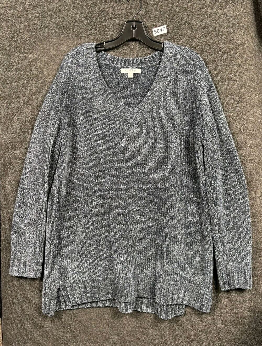 Orvis Sweater Womens Small Blue Plush Knit Long Sleeve V-Neck Split Hem Size XL
